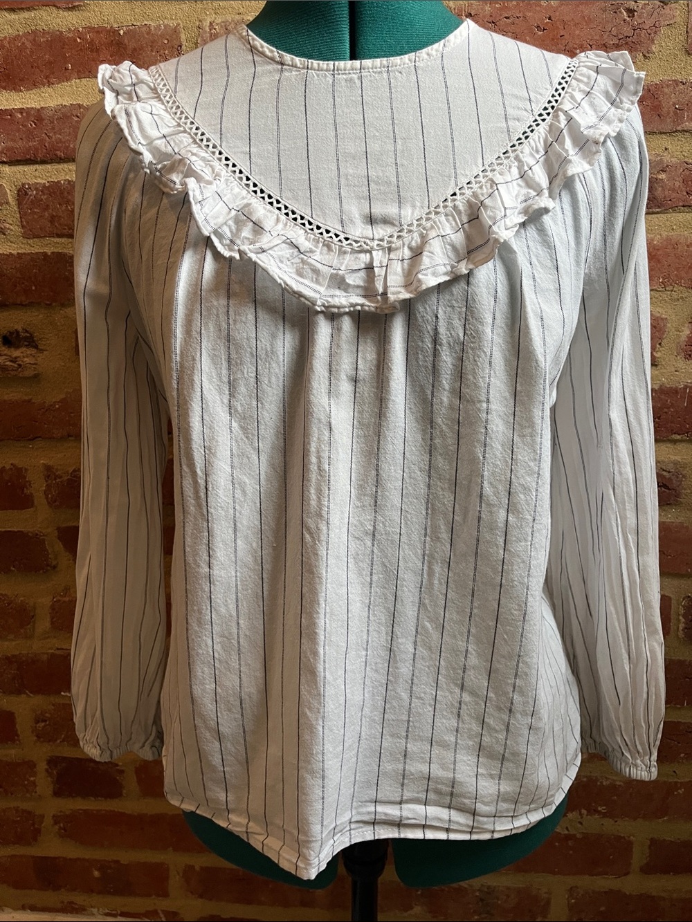 Madewell White Blouse with Navy Pinstripes and Ruffle Yoke